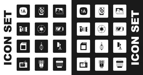 Set Photo frame, Camera shutter, camera, Auto flash, Battery for, Softbox light Stock Illustration