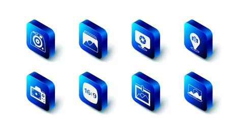 Set Photo frame, Camera shutter, camera, retouching, 16, and icon. Vector Illustrazione stock