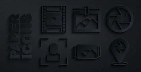 Set Photo frame, Camera shutter, focus line,  and film roll cartridge icon... Stock Illustration