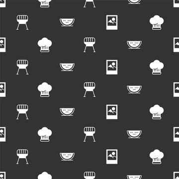 Set Photo frame, Chef hat, Barbecue grill and Watermelon on seamless pattern Stock Illustration