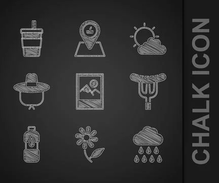 Set Photo frame, Flower, Cloud with rain, Sausage on the fork, Bottle of wa.. Stock Illustration