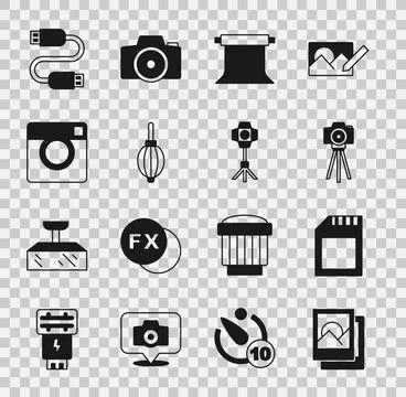 Set Photo frame, SD card, camera, Empty photo studio, Dust blower, USB cable Stock Illustration