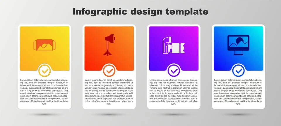 Set Photo frame, Studio light bulb in softbox, camera and retouching. Business Stock Illustration