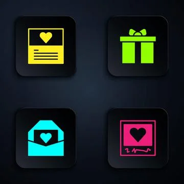 Set Photo frames and hearts, Greeting card, Envelope with Valentine and Gift box 库存插图