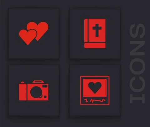 Set Photo frames and hearts, Heart, Holy bible book and camera icon. Vector Stock Illustration