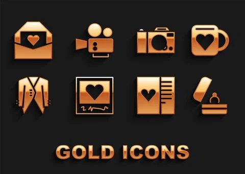Set Photo frames and hearts, Coffee cup, Wedding rings, Postcard with, Suit 스톡 일러스트