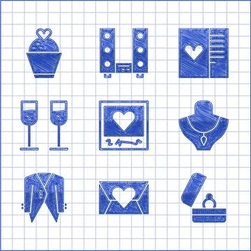 Set Photo frames and hearts, Envelope with Valentine, Wedding rings, Neckla.. Stock Illustration