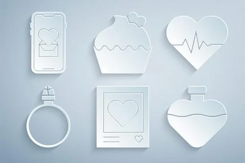 Set Photo frames and hearts, Heart rate, Diamond engagement ring, Bottle wi.. Stock Illustration