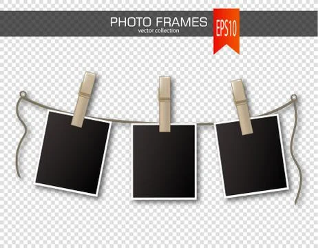 Set of photo frames with clothespin on a transparent background. Vector Stock Illustration