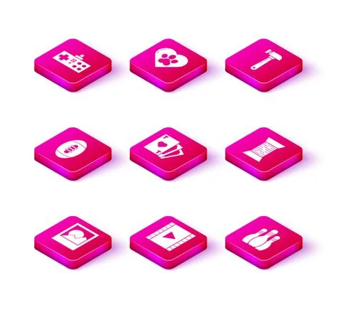 Set Photo frames, Play Video, American Football ball, Playing card with heart Illustrazione stock