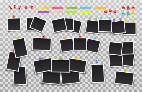 Set of photo frames on sticky tape, pins and rivets. Template photo design Stock Illustration