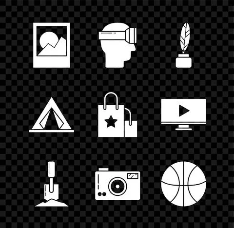 Set Photo frames, Virtual reality glasses, Feather and inkwell, Shovel ground Stock Illustration