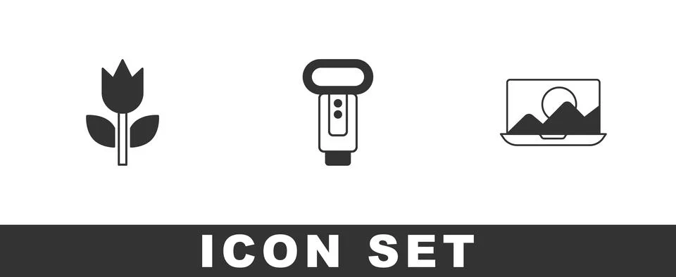 Set Photo mode macro, camera flash and retouching icon. Vector 스톡 일러스트