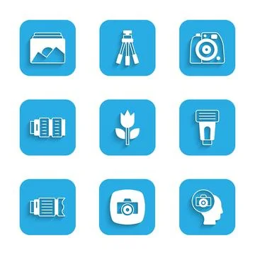 Set Photo mode macro, camera, flash, Camera photo lens, and frame icon. Vector Stock Illustration