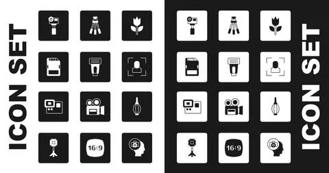Set Photo mode macro, camera flash, SD card, Action extreme, Camera focus frame Stock-Illustration