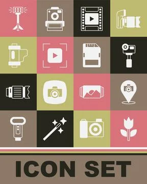 Set Photo mode macro, camera, Action extreme, Camera film roll cartridge, f.. Stock Illustration