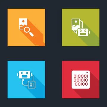 Set Photo retouching, Artificial intelligence robot,  and Binary code icon. V 스톡 일러스트