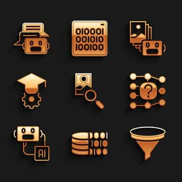 Set Photo retouching, Binary code, Funnel or filter, Neural network, Artificial Stock Illustration