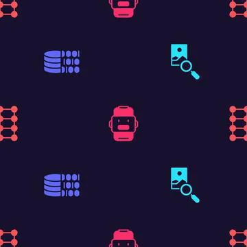 Set Photo retouching, Binary code, Chat bot and Neural network on seamless Stock Illustration