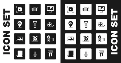Set Photo retouching, camera flash, Camera focus frame line, Film reel, photo Stock Illustration