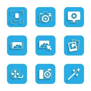 Set Photo retouching, camera, frame, Film reel, Camera shutter and focus li.. Stock Illustration