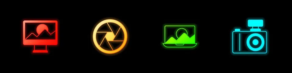 Set Photo retouching, Camera shutter, and camera icon. Vector Stock Illustration
