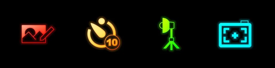 Set Photo retouching, Camera timer, Softbox light and camera icon. Vector Stock Illustration