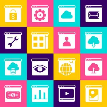 Set Photo retouching, Cloud upload, download, technology data transfer, Browser Illustrazione stock