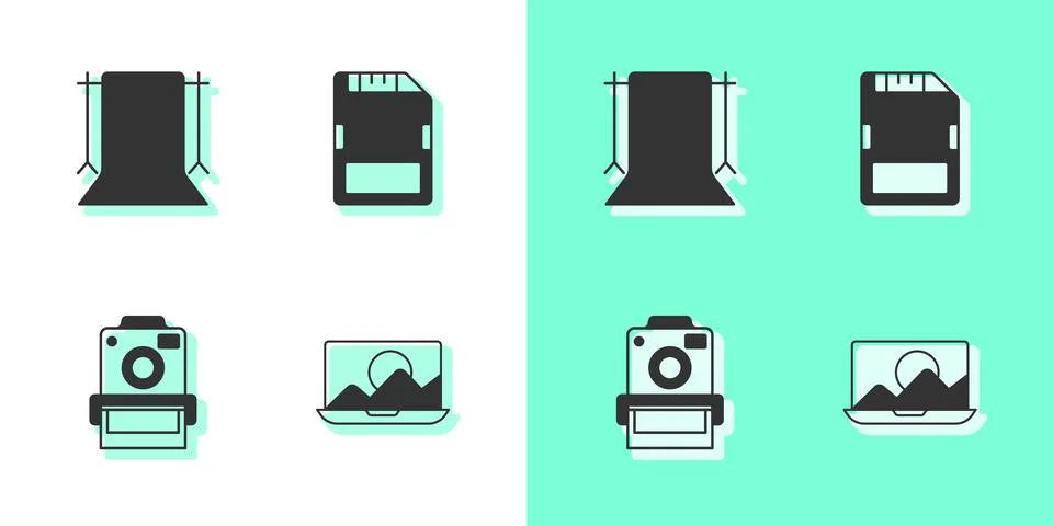 Set Photo retouching, Empty photo studio, camera and SD card icon. Vector Stock Illustration