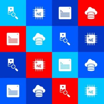 Set Photo retouching, Processor CPU, Web developer programming code and Cloud Illustrazione stock