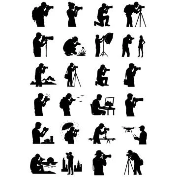 Set of Photographer Silhouettes Capturing Various Scenes and Professional Rol Illustration
