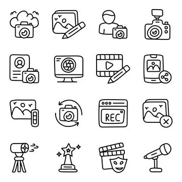 Set of Photography and 3d Technology Linear Icons Stock Illustration