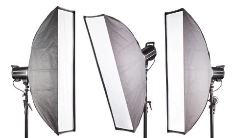 Set of photography studio flash with softbox isolated on white background. Stock Photos