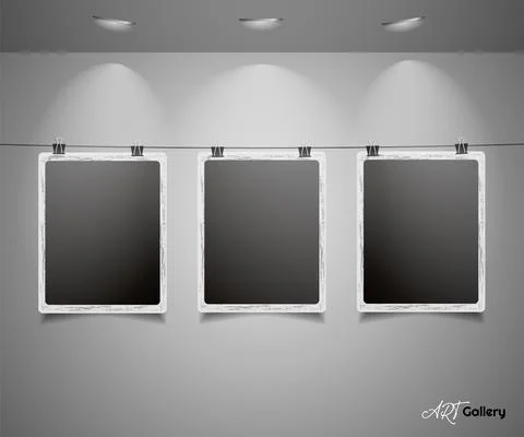 Set of photos on thread with lighting. Art gallery of photo frames hanged on Stock Illustration