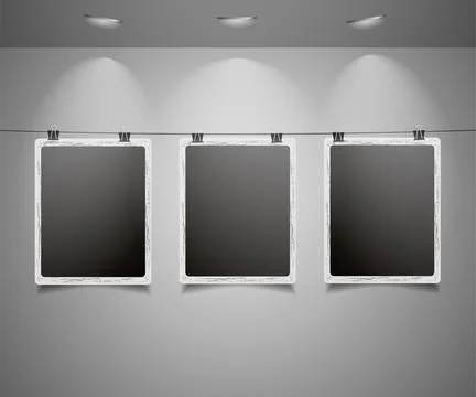Set of photos on thread with lighting. Art gallery of photo frames hanged on Stock Illustration