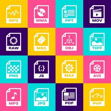 Set PHP file document, AVI, TIFF, PPT, MSG and RAW icon. Vector Illustrazione stock