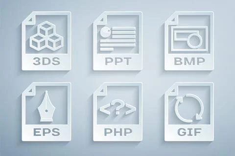 Set PHP file document, BMP, EPS, GIF, PPT and 3DS icon. Vector Illustrazione stock