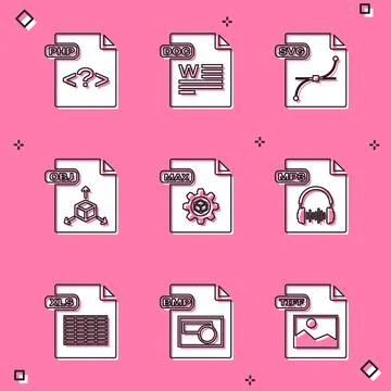 Set PHP file document, DOC, SVG, OBJ, MAX, MP3, XLS and BMP icon. Vector Illustrazione stock