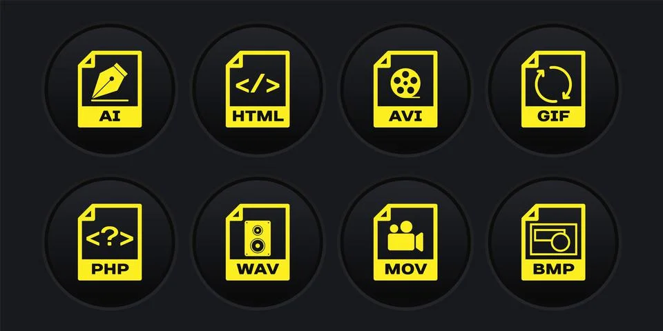 Set PHP file document, GIF, WAV, MOV, AVI and HTML icon. Vector Illustrazione stock