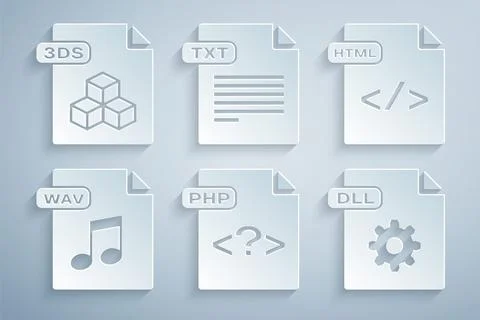 Set PHP file document, HTML, WAV, DLL, TXT and 3DS icon. Vector Stock Illustration
