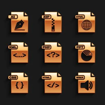 Set PHP file document, HTML, WMA, PPT, CSS, XML, and AI icon. Vector 스톡 일러스트