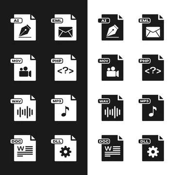 Set PHP file document, MOV, AI, EML, WAV, MP3, DLL and DOC icon. Vector Ilustración de archivo