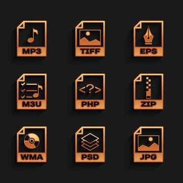 Set PHP file document, PSD, JPG, ZIP, WMA and M3U icon. Vector Illustrazione stock
