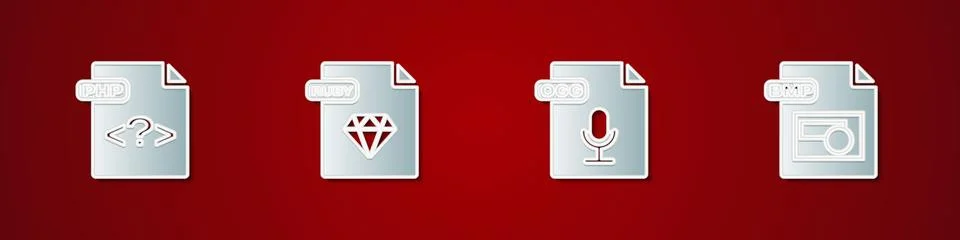 Set PHP file document, RUBY, OGG and BMP icon. Vector Illustration