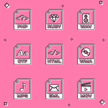 Set PHP file document, RUBY, WAV, OTF, HTML and WMA icon. Vector イラスト素材