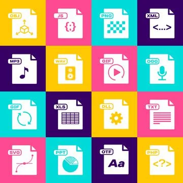 Set PHP file document, TXT, OGG, PNG, WAV, MP3, OBJ and GIF icon. Vector Stock Illustration