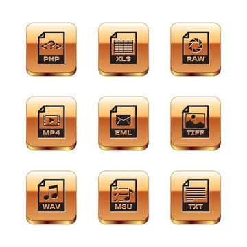 Set PHP file document, WAV, M3U, EML, MP4 and RAW icon. Vector Stock Illustration