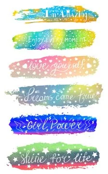 A set of phrases of slogan on the background of a brush stroke of different c Stock Illustration