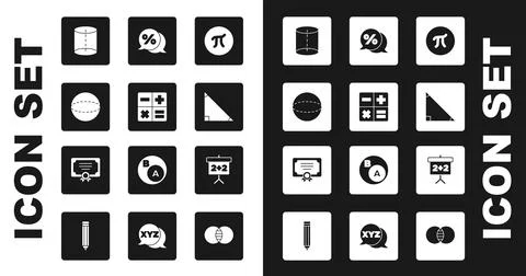 Set Pi symbol, Calculator, Geometric figure Sphere, Triangle math, Discount.. Stock Illustration