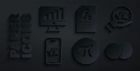 Set Pi symbol, Square root of x glyph, Mathematics sets A and B, Function Stock Illustration